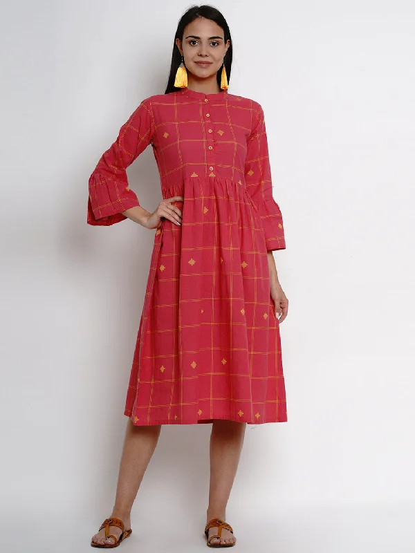 Women's Pink Yellow Plaid A-Line Gathers Detailed Ethnic Dress - Bhama