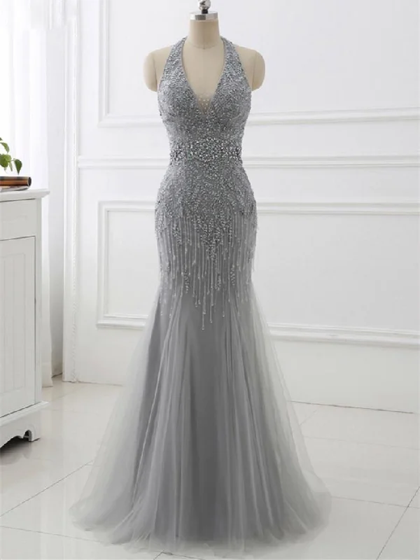 Mermaid Halter Floor-Length Tulle Gray Evening Dresses With Beading ASD27094