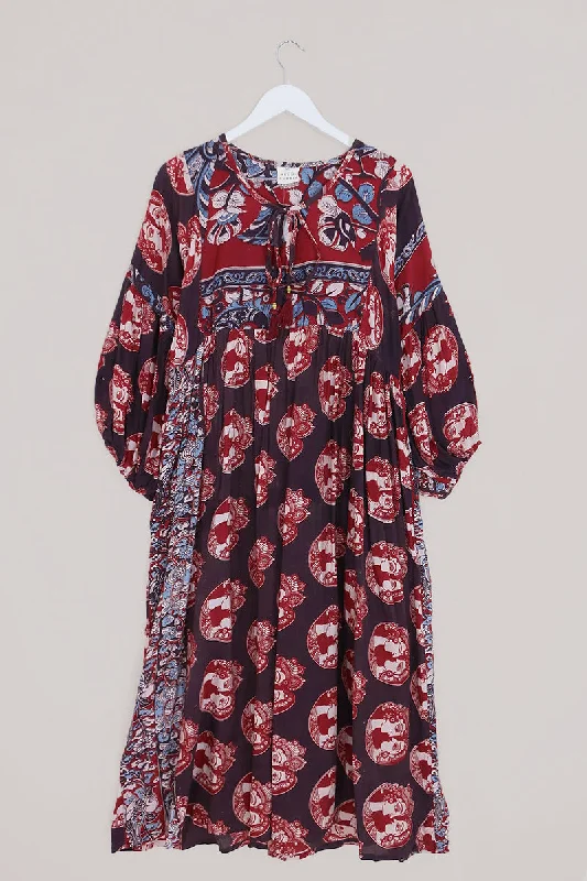 Daisy Maxi Smock Dress - Hazel Brown & Red Lovers - Vintage Cotton - Size M/L