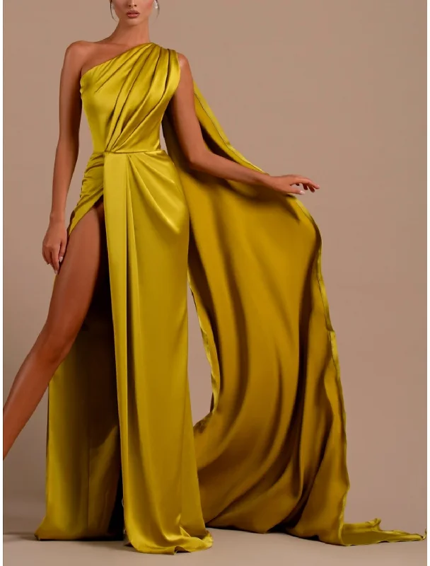 Sheath / Column Evening Gown Elegant Dress Formal Court Train Christmas Red Green Dress Sleeveless One Shoulder Satin with Pleats Slit Sheath / Column Evening Gown Elegant Dress Formal Court Train Christmas Red Green Dress Sleeveless One Shoulder Satin with Pleats Slit