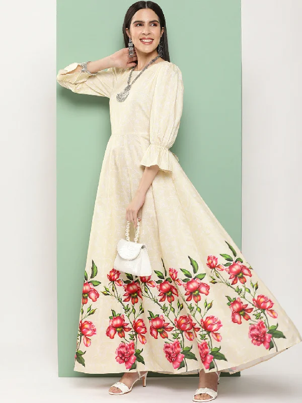 Women's Beige Printed Long Dress With Waist Belt - Bhama