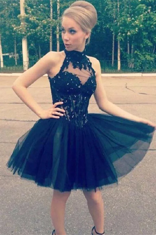 Cheap Lace Tulle High Neck Black Homecoming Dress, Short Prom Dresses DMC25