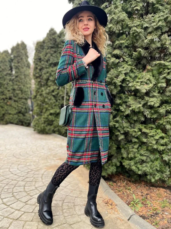 Green 1960s Plaid Fur Collar Pencil Coat Bolero Crop Top Camisole