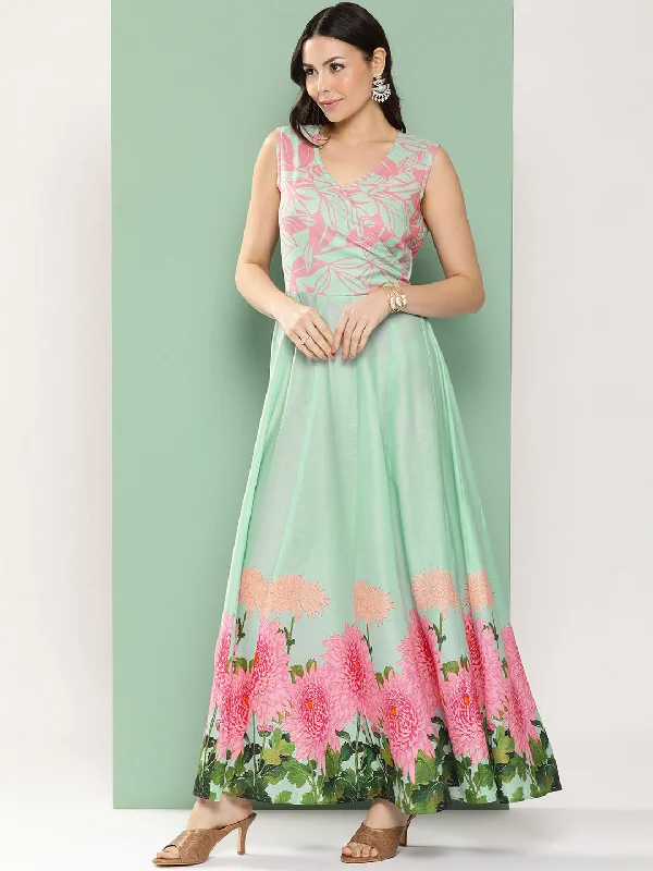 Women's Turquoise Blue Printed Long Dress With V-Neck - Bhama