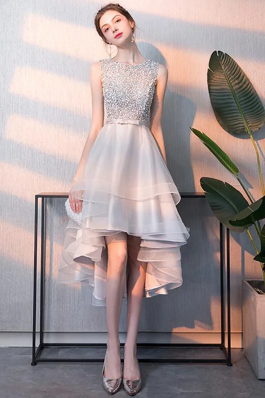 Gray High Low Beaded A Line Tulle Homecoming Dresses With Bownot DMC57