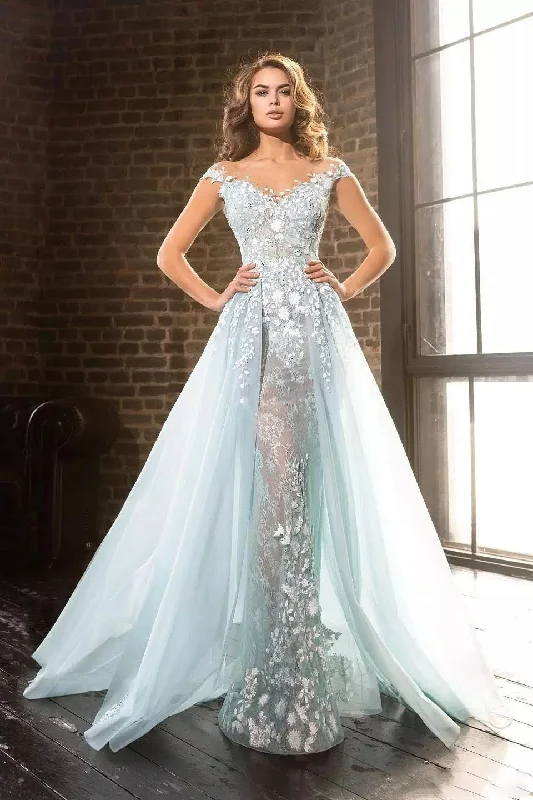 Ethereal Romantic Floor-length V-neck Lace Tulle A-Line Cap Sleeveless Zipper Deep-V Back Appliques Prom Evening Dress-334057