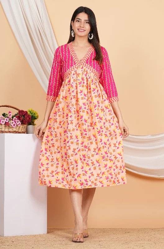 House of RP Women Rayon Peach Floral Printed Dress