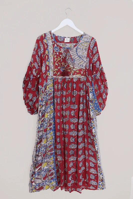 Daisy Maxi Smock Dress - Crimson Red Drums - Vintage Cotton - Size M/L