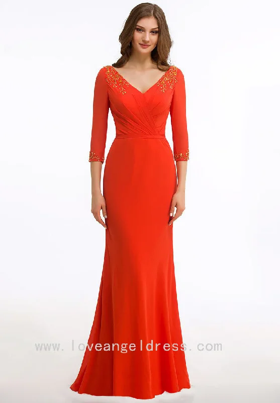 Gold Beaded V-neck Orange Red Groom Mother Dress with Sleeves