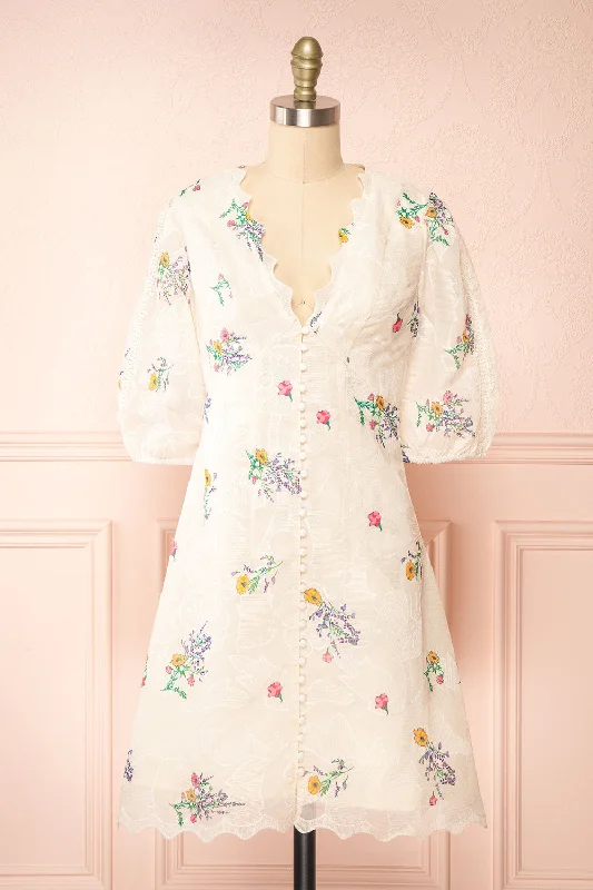 Jolyne | Short Beige Floral Buttoned Dress