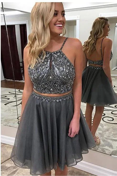 Grey Two Piece Backless Homecoming Dresses,Beaded Short Prom Dress DMC27