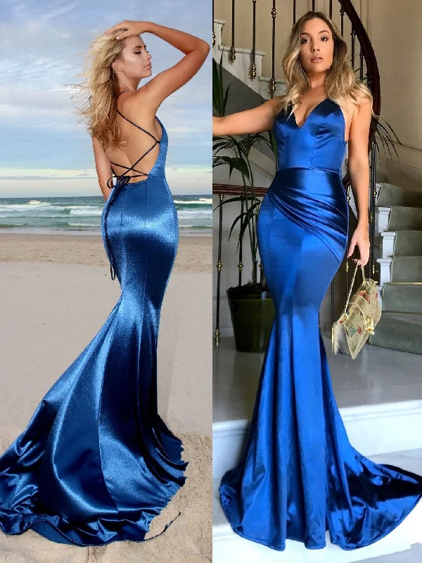 Sexy Satin Spaghetti Straps Neckline Chapel Train Mermaid Evening Dresses PD004