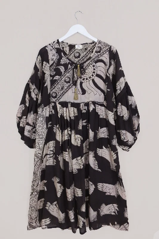 Daisy Midi Smock Dress - Vintage Cotton - Charcoal & Chalk Hand Gestures - Size L/XL