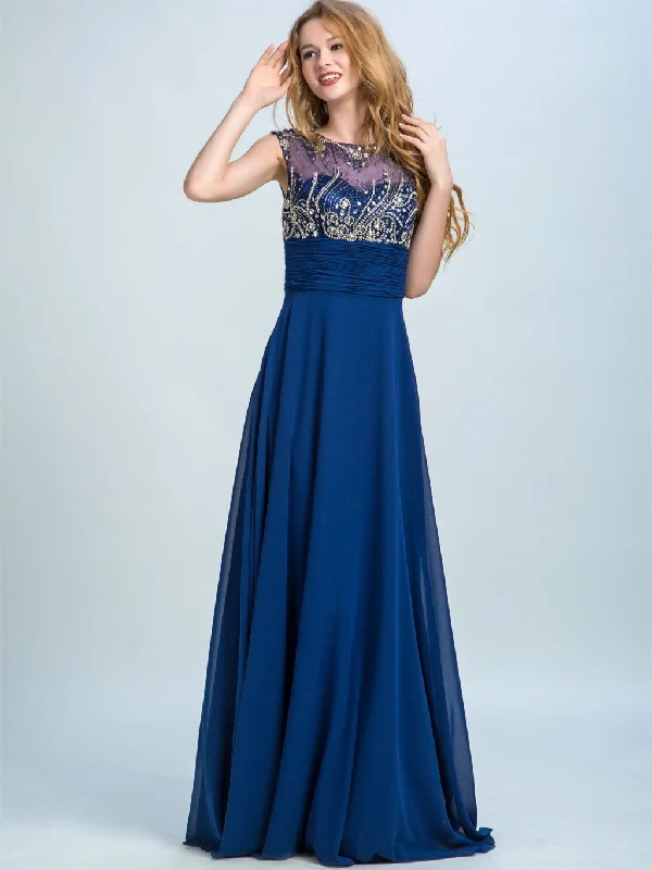 A-line Scoop-Neck Floor-Length Chiffon Beaded Evening Dresses 2907