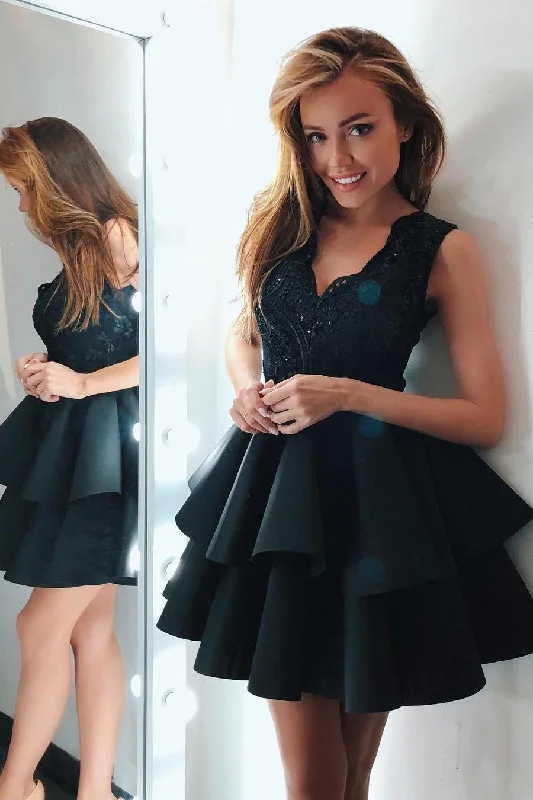 V Neck Lace Short Satin Layered A-Line Knee Length Short Prom Dresses,Homecoming Dresses DMC15