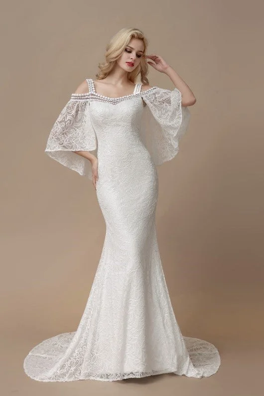 Flutter Sleeves Mermaid Lace Bridal Dresses with Pearls Neckline