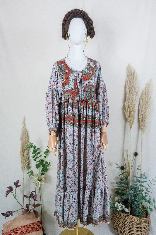 Poppy Smock Dress - Vintage Sari - Arctic Grey & Terracotta Floral Tile - XS