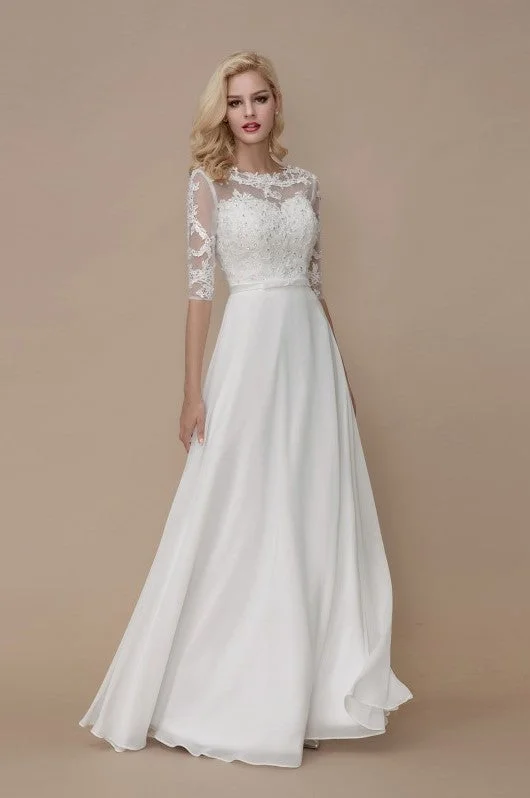 Half Sleeves Lace Beach Bridal Dress with Chiffon Skirt