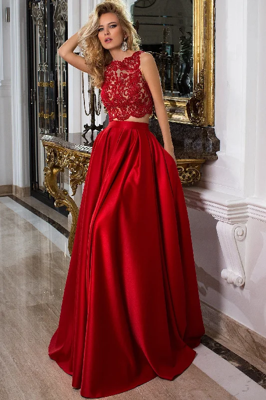 Sleeveless Jewel Neck Appliqued Satin Prom Evening Dress With Illusion Back-MK_300020