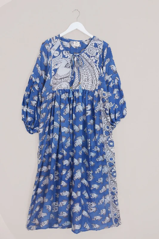 Daisy Maxi Smock Dress - Cobalt Blue & White Peacocks - Vintage Cotton - Size S/M