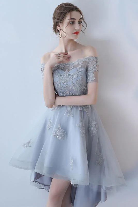 Off the Shoulder Organza A Line High Low Short Sleeves Lace Top Homecoming Dresses DMC8 Off the Shoulder Organza A Line High Low Short Sleeves Lace Top Homecoming Dresses DMC8