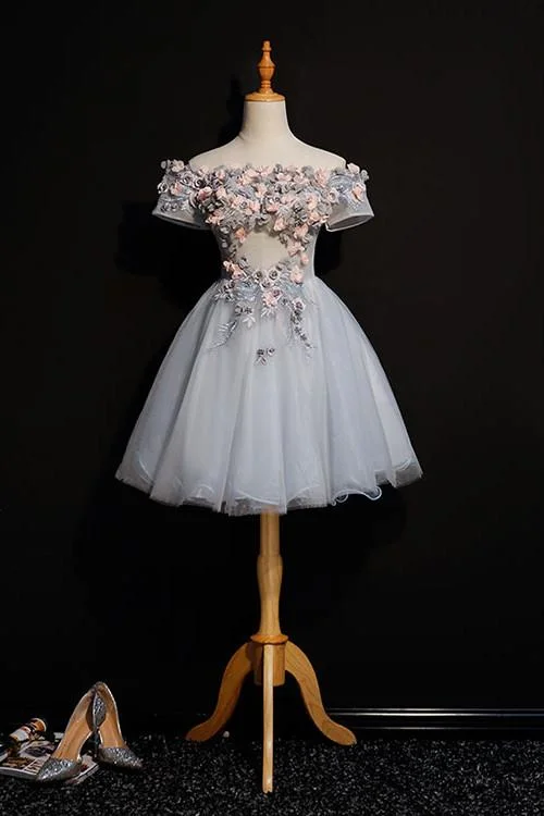 Cute Gray Off the Shoulder Floral Appliques A Line Tulle Homecoming Dresses DMC58