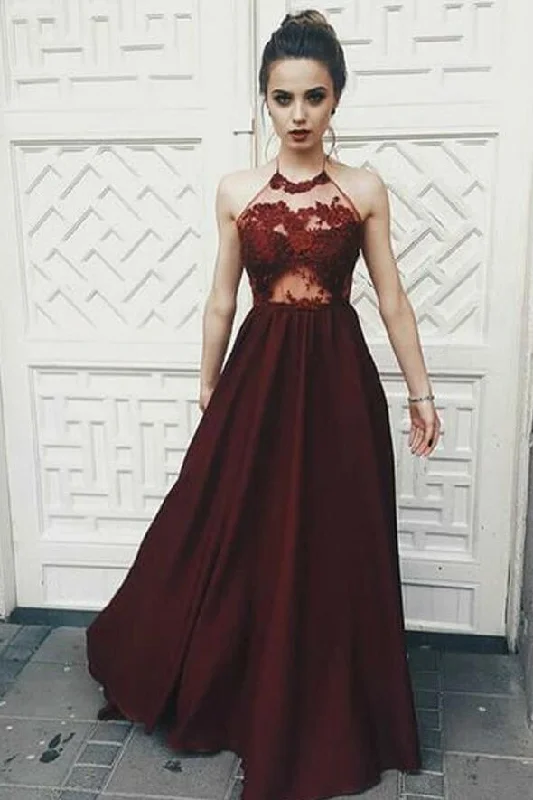 Illusion Lace Halter Sexy Backless Prom Dresses