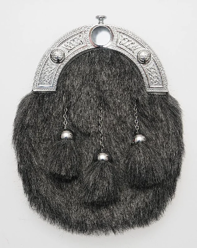 Full Dress Chrome Knot Sporran - Dark Grey Synthetic Fur