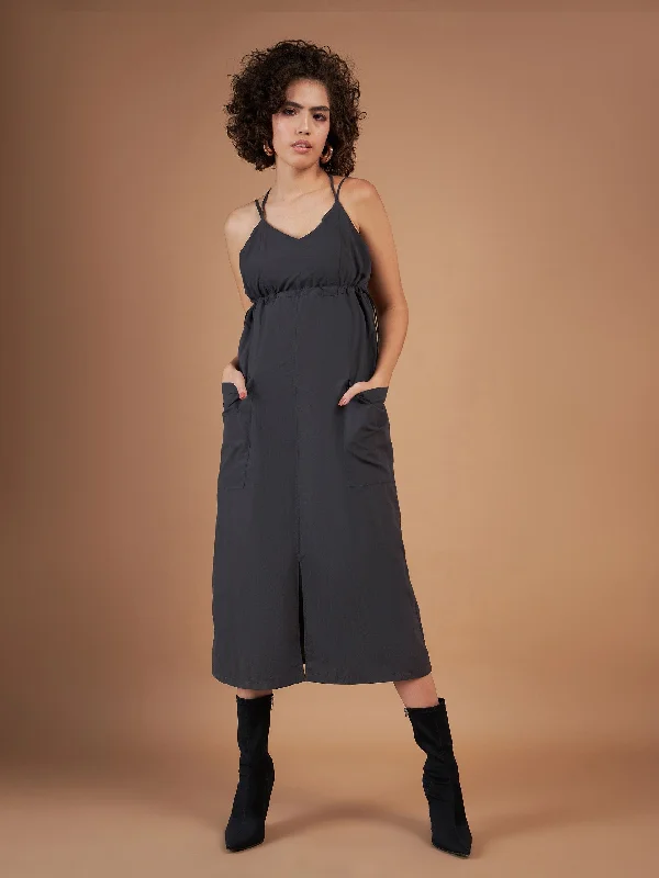 Lyush Women Dark Grey Front Pockets Parachute Dungaree Dress