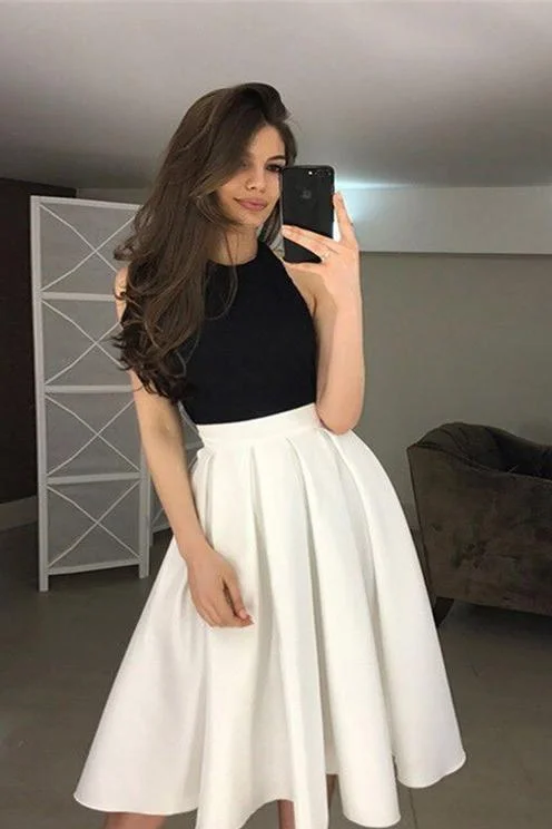 Simple A-Line Halter Backless Tea-Length Ivory and Black Homecoming Dresses DMC45