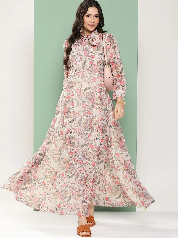 Women's Off-White Printed Long Dress With Tie-Up Neck - Bhama