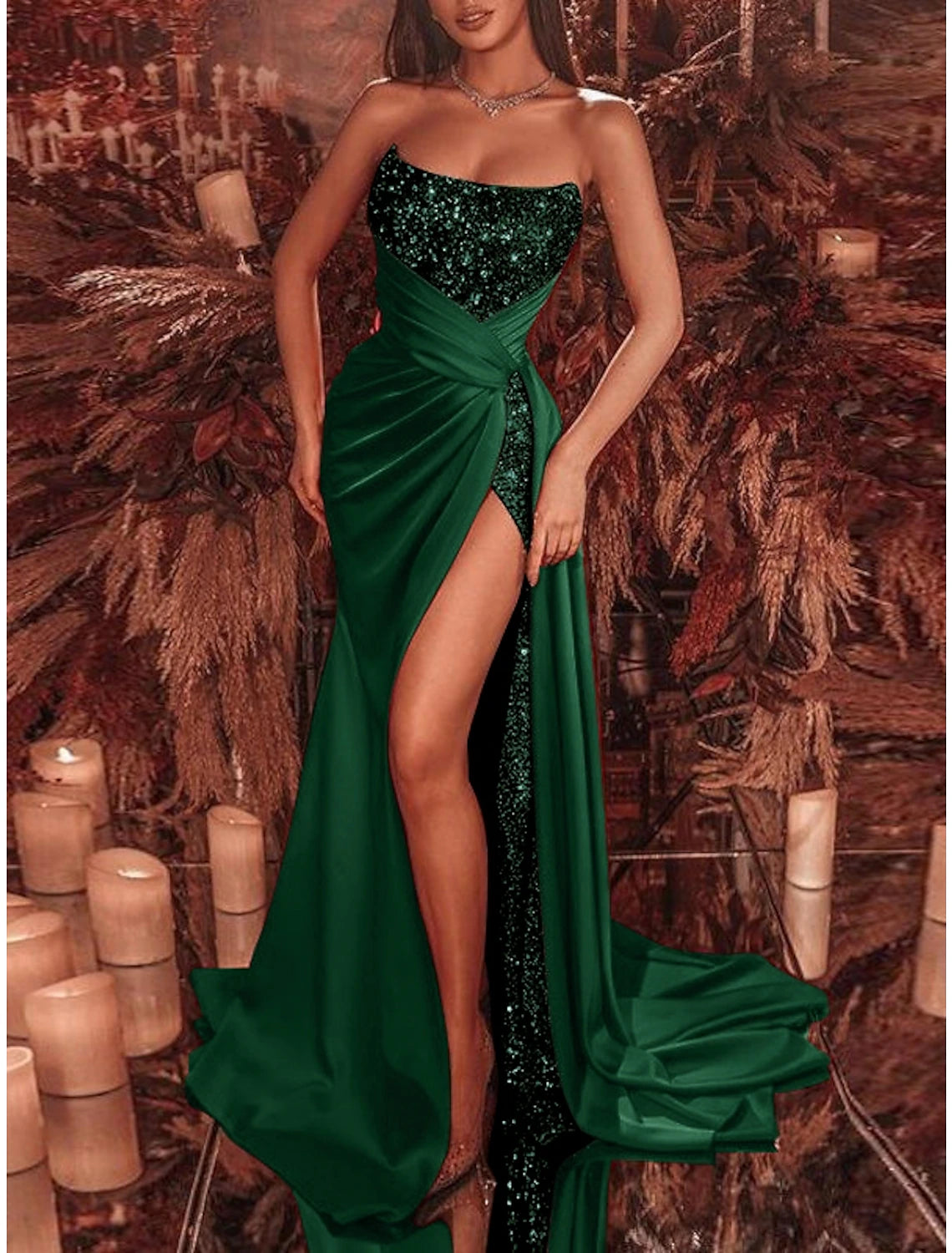 Sheath Black Dress Evening Gown Christmas Red Green Dress Formal Court Train Sleeveless Strapless Sequined with Ruched Sequin Slit Sheath Black Dress Evening Gown Christmas Red Green Dress Formal Court Train Sleeveless Strapless Sequined with Ruched Sequin Slit