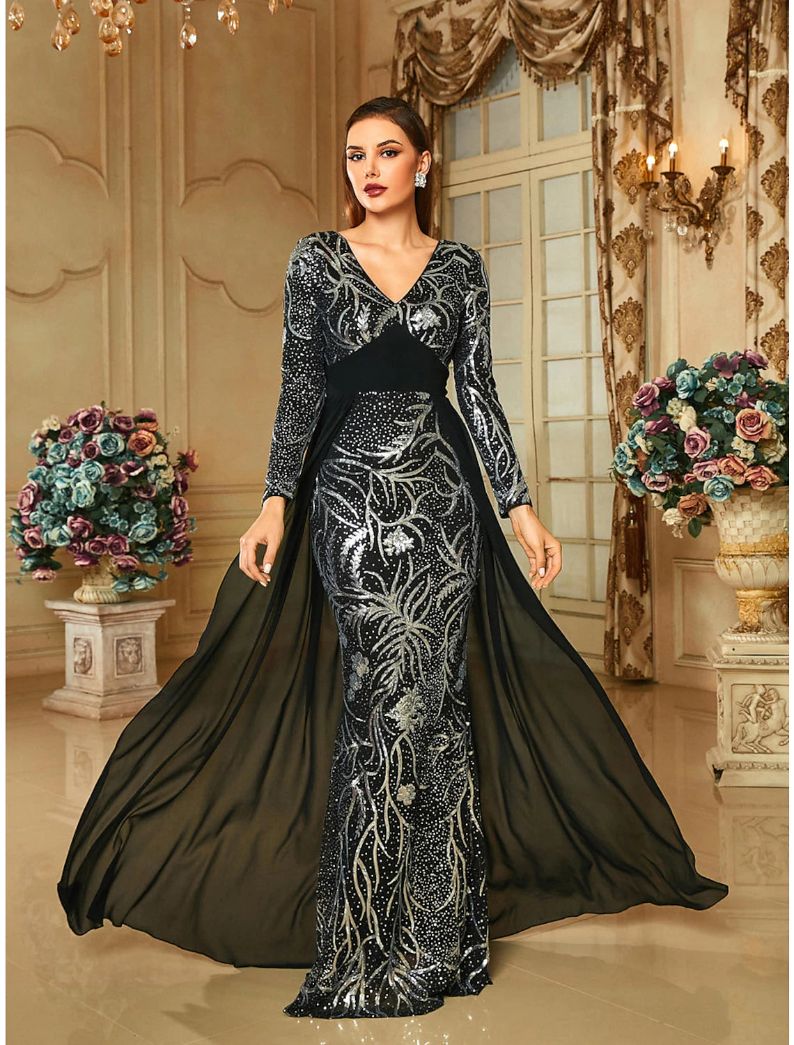 Sheath / Column Evening Gown Elegant Dress Formal Sweep / Brush Train Long Sleeve V Neck Sequined with Glitter Pleats Sheath / Column Evening Gown Elegant Dress Formal Sweep / Brush Train Long Sleeve V Neck Sequined with Glitter Pleats