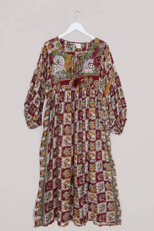Daisy Maxi Smock Dress - Carmine Red Regal Tiles - Vintage Cotton - Size M/L