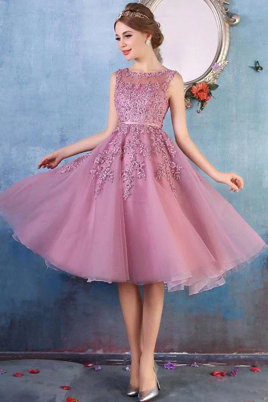 Elegant Lace Appliques Beaded A-line See Through Tea Length Homecoming Dresses DMC10