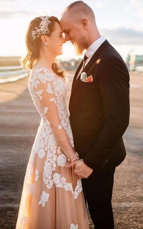 Long Sleeve A-line V-neck Long Lace Appliqued Wedding Prom Evening Dress-331572