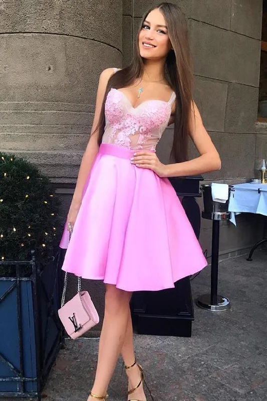 A-Line Spaghetti Straps Pink Satin Homecoming Dress with Appliques,Cheap Short Prom Dress DMC37