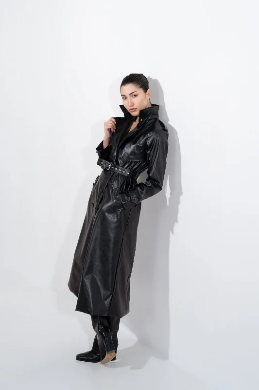 JET BLACK FAUX LEATHER TRENCH COAT Bodycon Sheath Shift