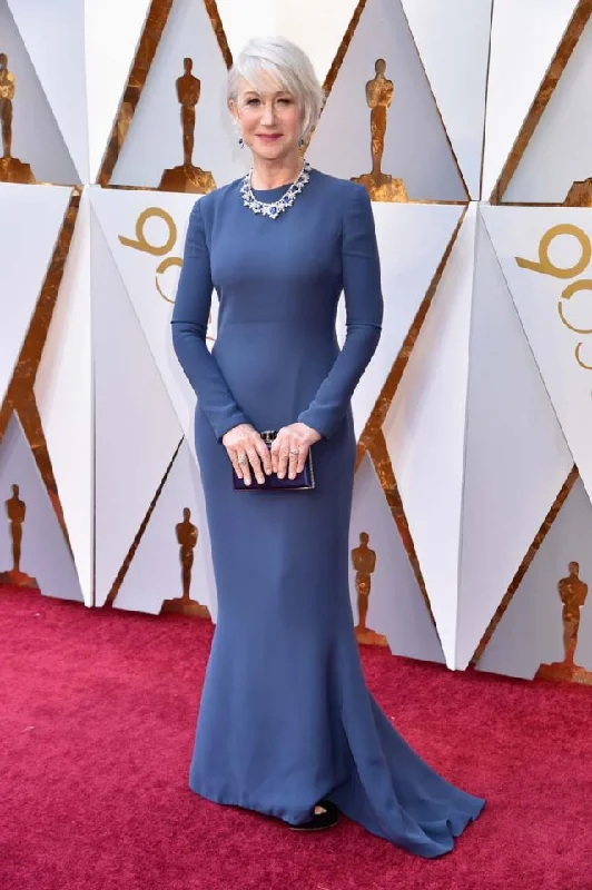 Helen Mirren Blue Long Sleeves Simple Celebrity Evening Dress