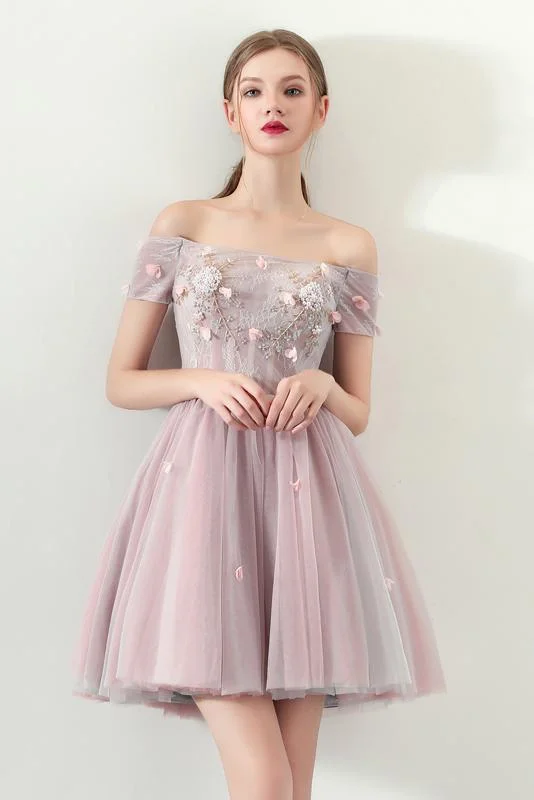A Line Off the Shoulder Tulle Homecoming Dresses,Short Prom Dress DMC61