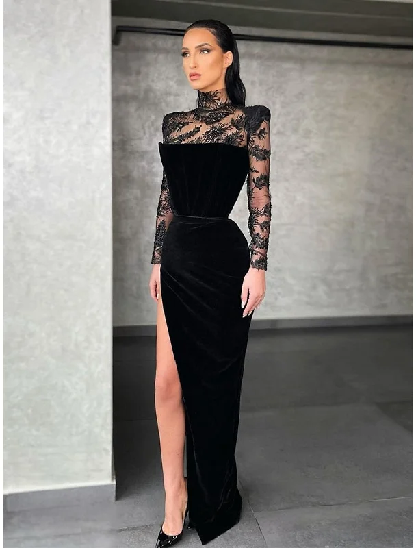 Sheath / Column Evening Gown Elegant Dress Formal Floor Length Long Sleeve High Neck Lace with Slit Sheath / Column Evening Gown Elegant Dress Formal Floor Length Long Sleeve High Neck Lace with Slit