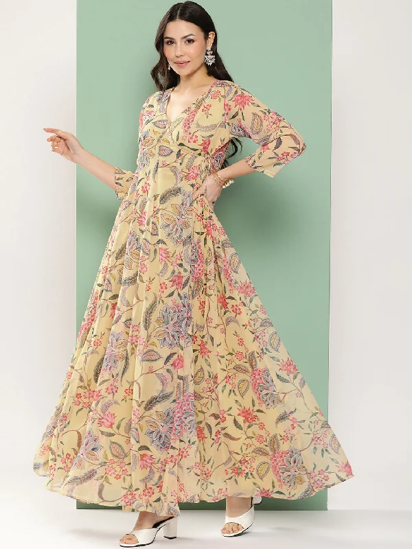 Women's Yellow Printed Angrakha Long Dress With V-Neck - Bhama