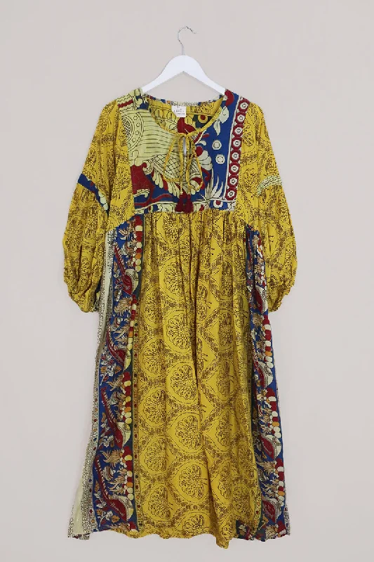 Daisy Maxi Smock Dress - Zesty Yellow Peacock Block Print - Vintage Cotton - Size M/L