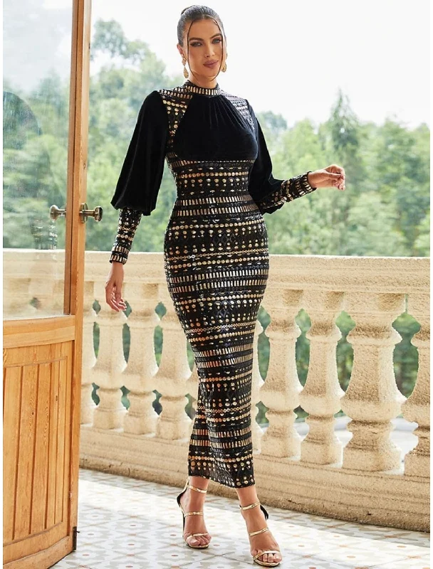 Sheath / Column Evening Gown Elegant Dress Formal Fall Ankle Length Long Sleeve High Neck Stretch Fabric with Sequin Sheath / Column Evening Gown Elegant Dress Formal Fall Ankle Length Long Sleeve High Neck Stretch Fabric with Sequin