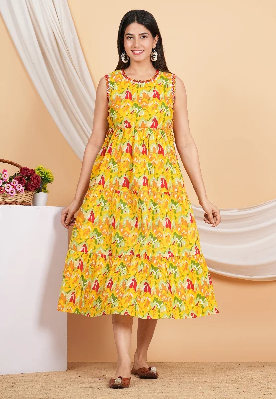 House of RP Women Rayon Yellow Abstract Printed Dress