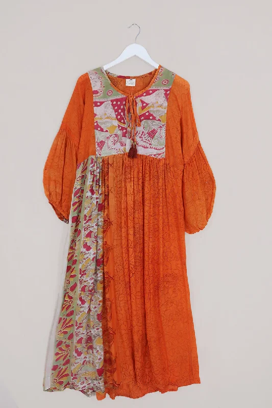 Daisy Maxi Smock Dress - Soft Orange Vines - Vintage Cotton - Size S/M