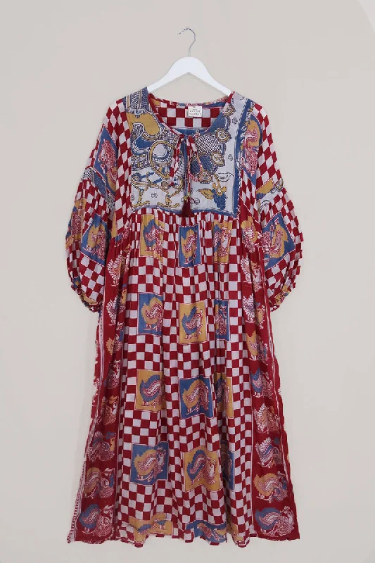 Daisy Maxi Smock Dress - Red & White Checkerboard - Vintage Cotton - Size M/L