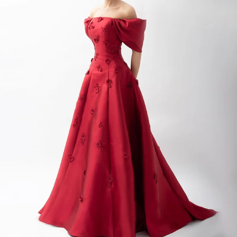 Elegant 3D Flowers Off Shoulder Red Evening Dress SF273 Turtleneck Warm Winter