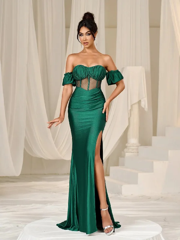 Elegant Off Shoulder Ruched Bust Split Mermaid Hem Evening Dress Glittery Long Formal