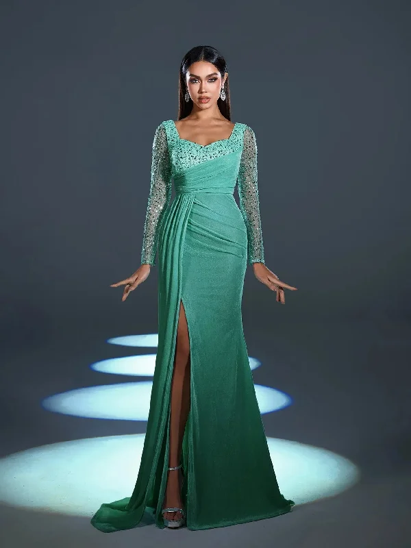 Elegant Sweetheart Neck Contrast Sequin Mermaid Hem Velvet Evening Dress Tunics Sophisticated sleek